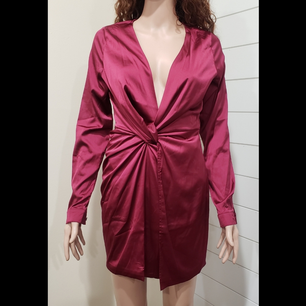 Fashion Nova Wine Colored Plunge Neck Dress - Size Small